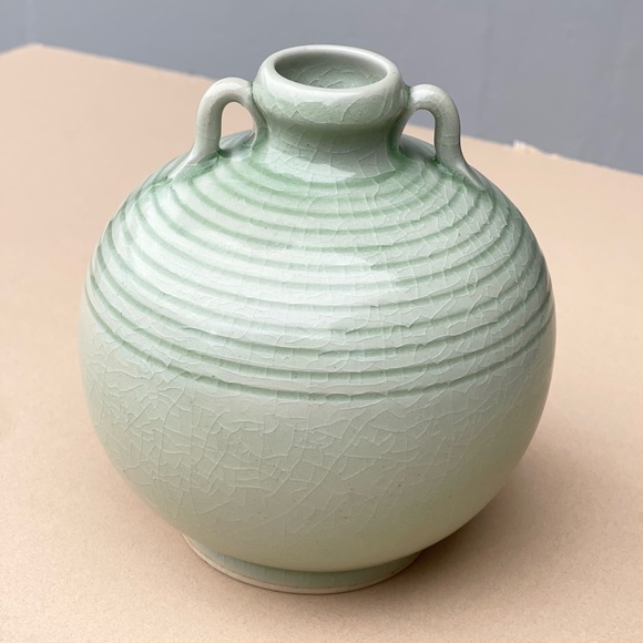 Thai Light Green Celadon Ceramic Bud Vase with Horizontal Striped Lines - Picture 2 of 4